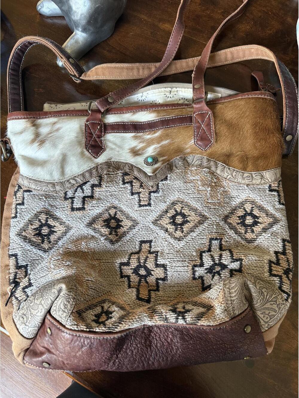 Myra Bag Large Woven Tote Bag with Leather Trim and Turquoise Concho